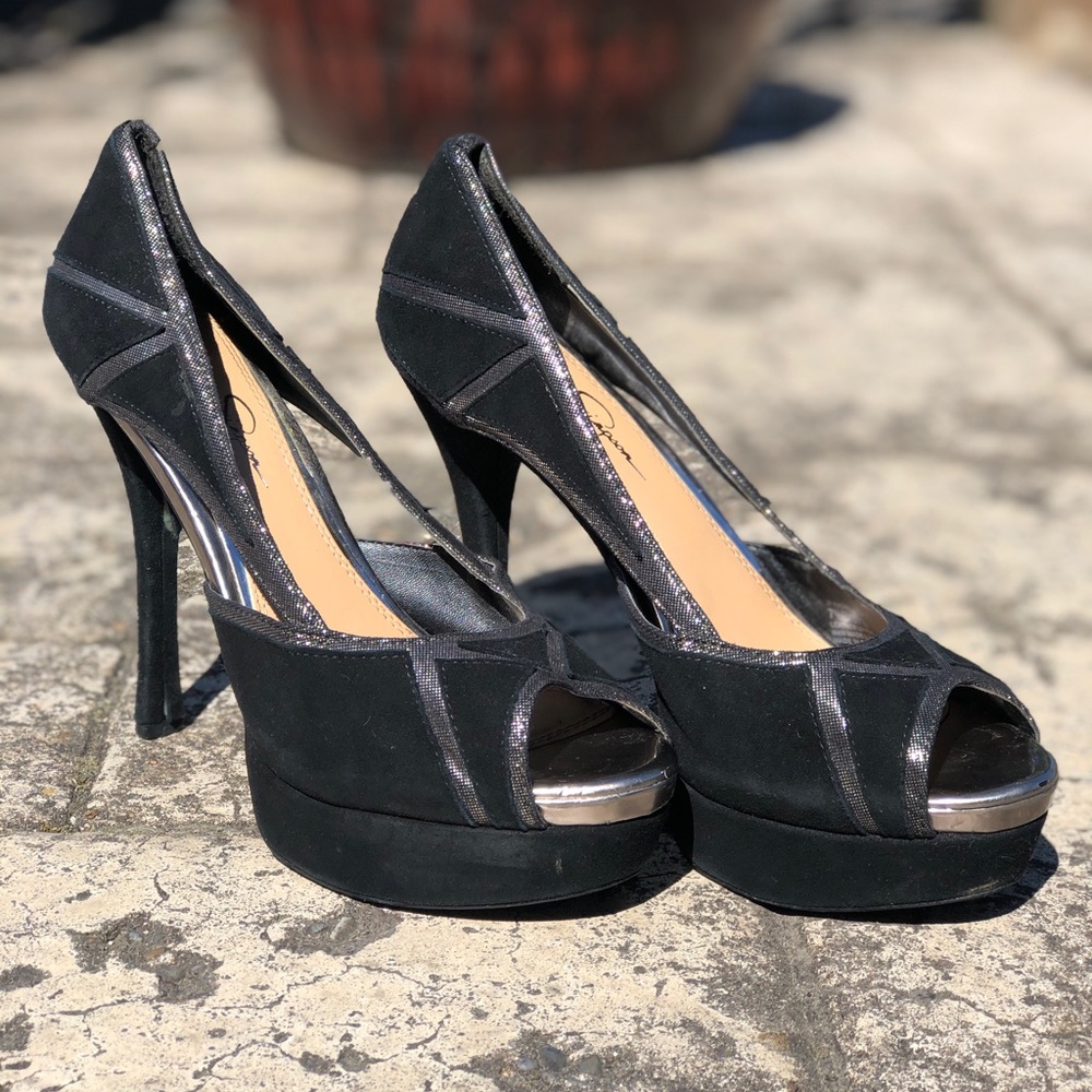 Jessica Simpson Black and Gold Cutout Heels